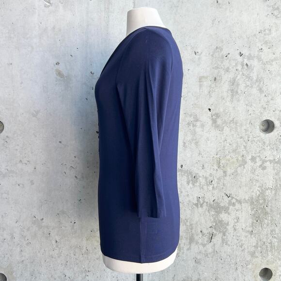 Lauren Ralph Lauren Size M Navy Blue Y2K V-Neck Henley Top 3/4 Sleeve Stretch - Picture 3 of 10